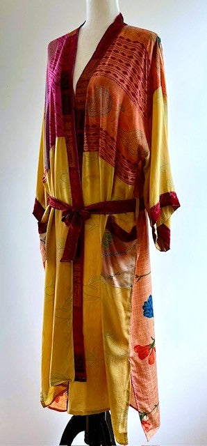 Luxury Silk Kimono Duster Dress:  Dramatic Mixed Print (Gold and Pink)