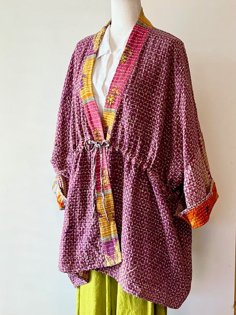 Multi Pattern Kantha Jacket a Statement Piece, Purple