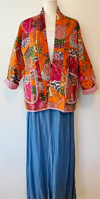 Vibrant Japanese Style Kantha Jacket, Orange