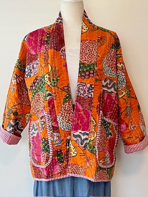 Vibrant Japanese Style Kantha Jacket, Orange