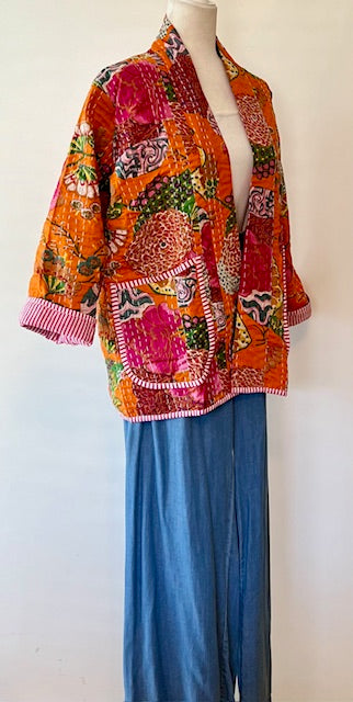 Vibrant Japanese Style Kantha Jacket, Orange