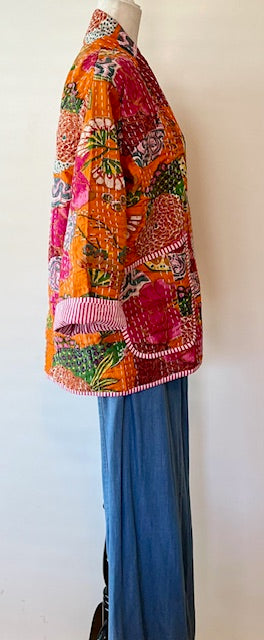 Vibrant Japanese Style Kantha Jacket, Orange