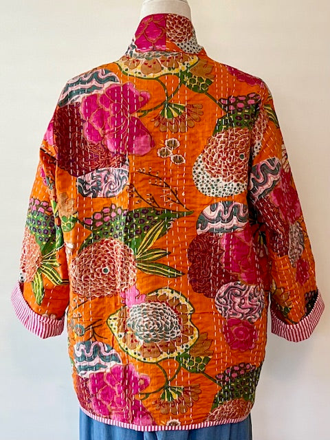 Vibrant Japanese Style Kantha Jacket, Orange