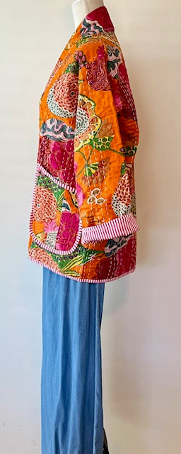 Vibrant Japanese Style Kantha Jacket, Orange