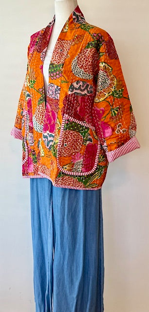 Vibrant Japanese Style Kantha Jacket, Orange