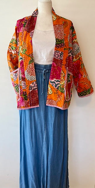 Vibrant Japanese Style Kantha Jacket, Orange