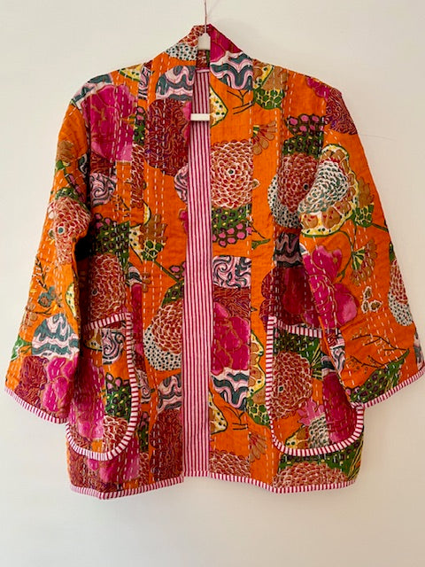 Vibrant Japanese Style Kantha Jacket, Orange