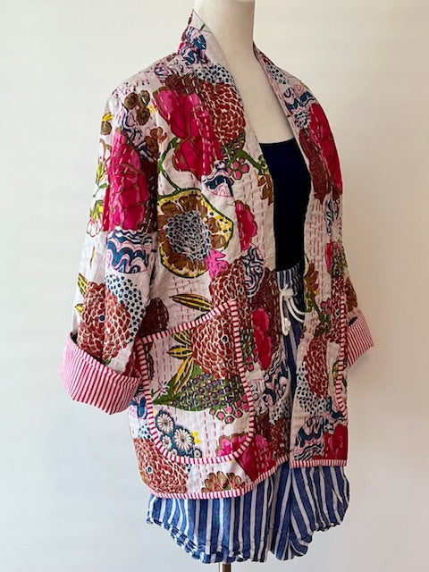 Vibrant Japanese Style Kantha Jacket, White