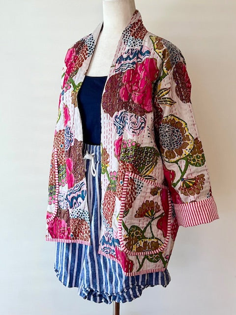 Vibrant Japanese Style Kantha Jacket, White