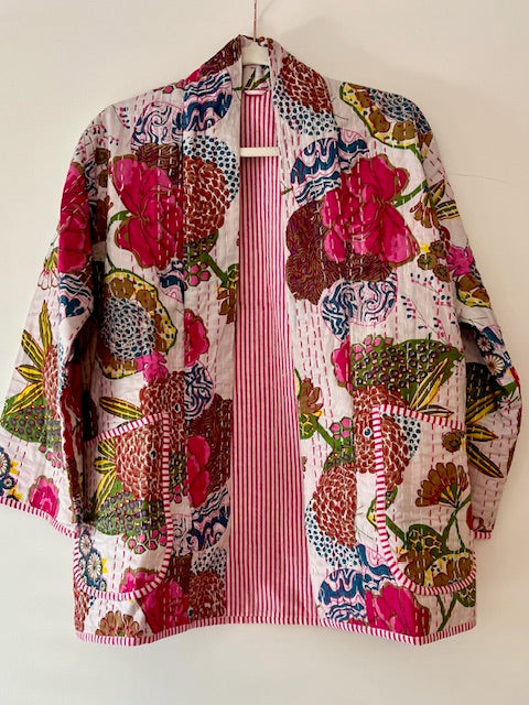 Vibrant Japanese Style Kantha Jacket, White