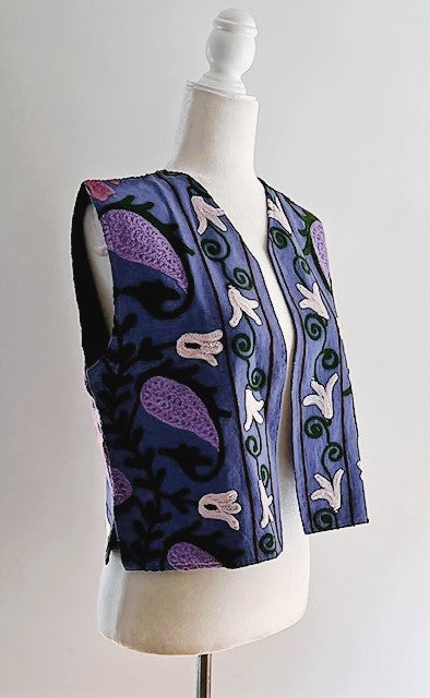 Work of Art! Suzani Hand Embroidered Vest. (Navy and purple)