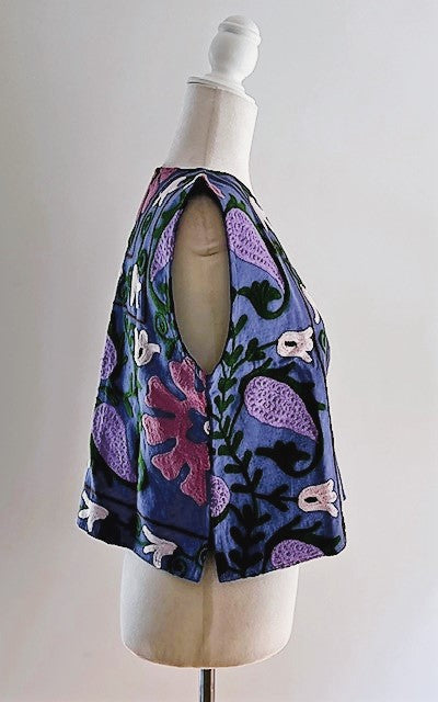 Work of Art! Suzani Hand Embroidered Vest. (Navy and purple)