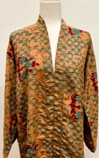 Top of the Line Silk Kimono Duster Mixed Print (Bronze/Olive)