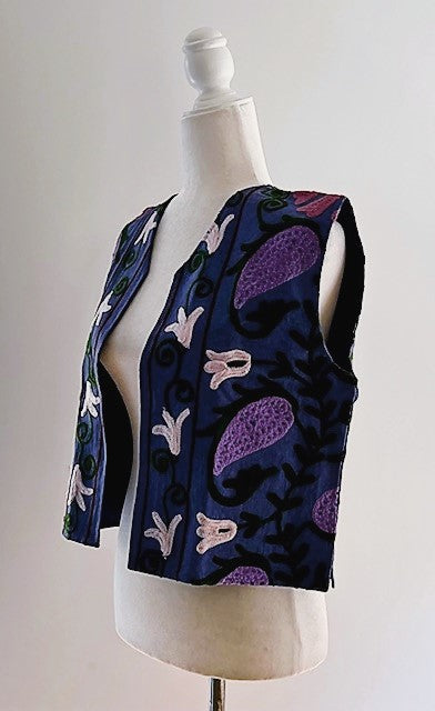 Work of Art! Suzani Hand Embroidered Vest. (Navy and purple)