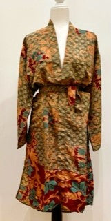 Top of the Line Silk Kimono Duster Mixed Print (Bronze/Olive)