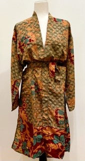 Top of the Line Silk Kimono Duster Mixed Print (Bronze/Olive)