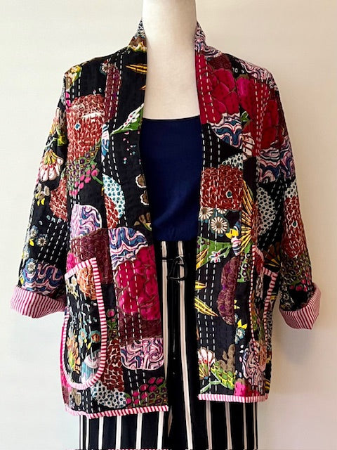 Vibrant Japanese Style Kantha Jacket, Black