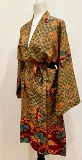 Top of the Line Silk Kimono Duster Mixed Print (Bronze/Olive)