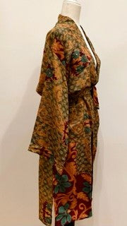 Top of the Line Silk Kimono Duster Mixed Print (Bronze/Olive)