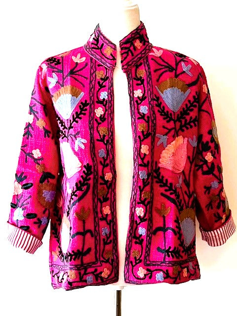 Wearable Art In This Hand Embroidered Short Jacket.  (Pink Striped)