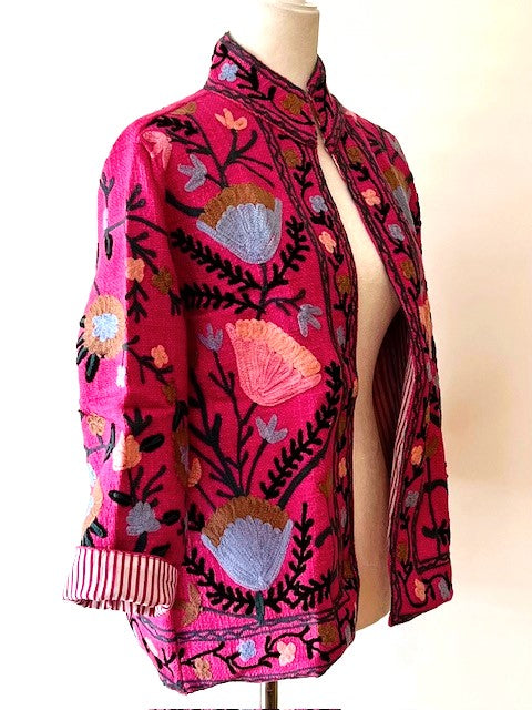 Wearable Art In This Hand Embroidered Short Jacket.  (Pink Striped)