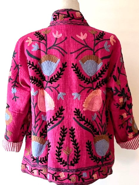 Wearable Art In This Hand Embroidered Short Jacket.  (Pink Striped)