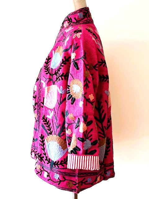 Wearable Art In This Hand Embroidered Short Jacket.  (Pink Striped)