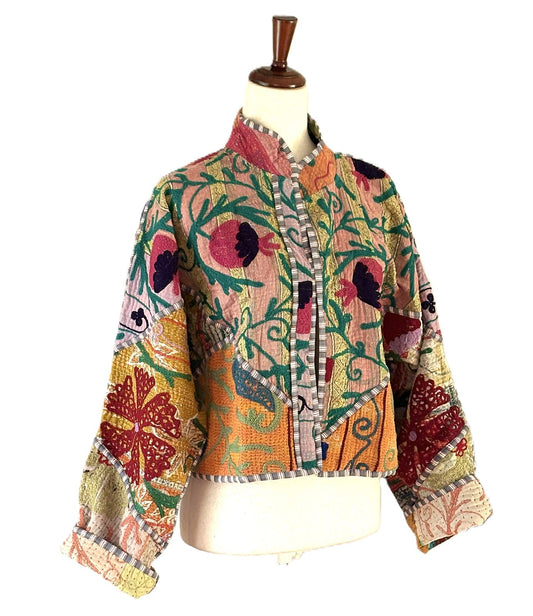 Specialty Collection, Floral Patchwork With Suzani Embroidery Cropped Jacket, Fully Reversible