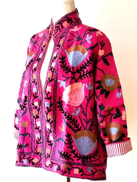 Wearable Art In This Hand Embroidered Short Jacket.  (Pink Striped)