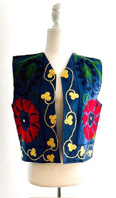 Work of Art! Suzani Hand Embroidered Vest. (Navy)