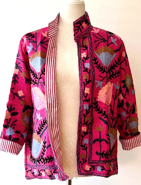 Wearable Art In This Hand Embroidered Short Jacket.  (Pink Striped)