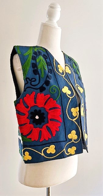 Work of Art! Suzani Hand Embroidered Vest. (Navy)