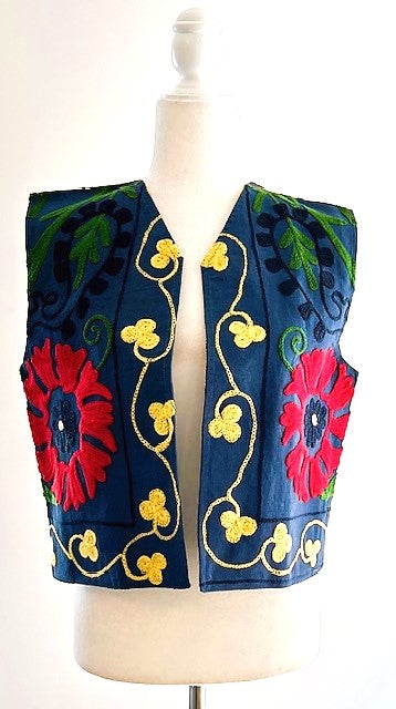 Work of Art! Suzani Hand Embroidered Vest. (Navy)