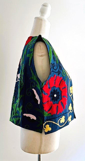 Work of Art! Suzani Hand Embroidered Vest. (Navy)