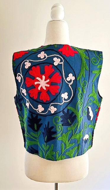 Work of Art! Suzani Hand Embroidered Vest. (Navy)