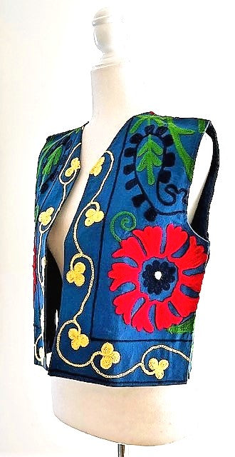 Work of Art! Suzani Hand Embroidered Vest. (Navy)