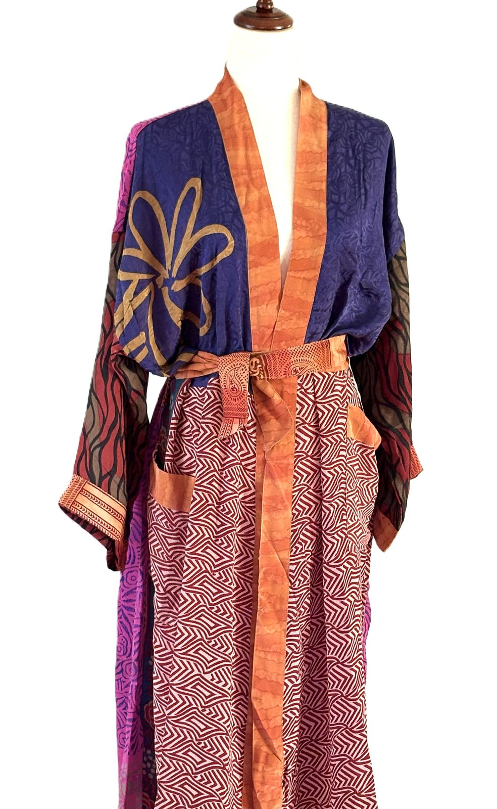 Long Silk Kimono Duster, Dramatic Two Tone And Elegant
