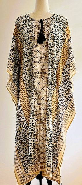 Cotton Voile Midi Caftan In A Complex Print (Gold and Beige)