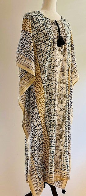 Cotton Voile Midi Caftan In A Complex Print (Gold and Beige)