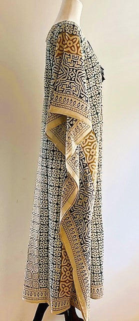 Cotton Voile Midi Caftan In A Complex Print (Gold and Beige)