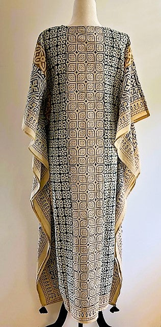 Cotton Voile Midi Caftan In A Complex Print (Gold and Beige)