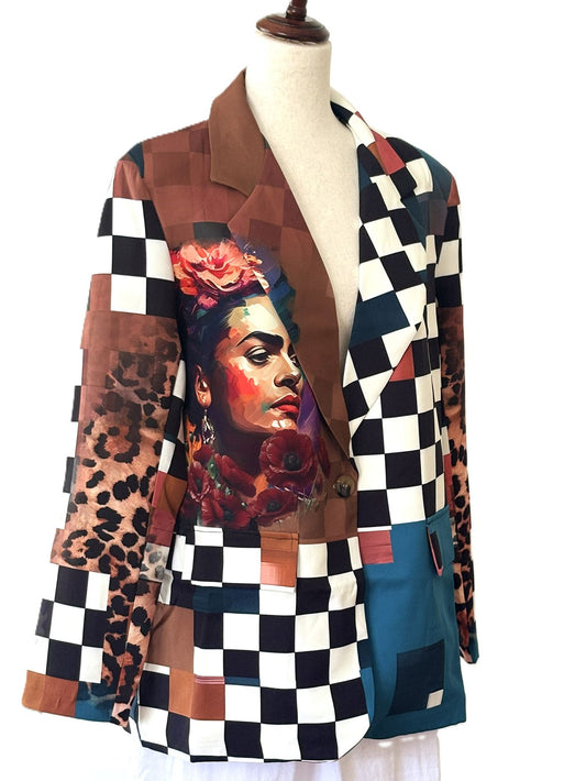 Contemporary Italian Blazer-One Size Art "Frida" Print Blazer (Checkered)