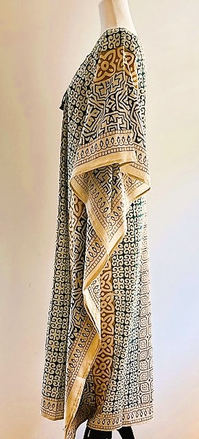 Cotton Voile Midi Caftan In A Complex Print (Gold and Beige)