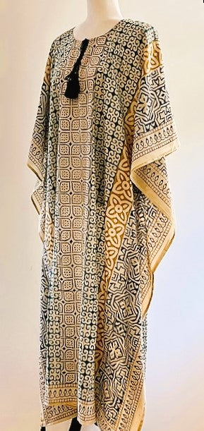 Cotton Voile Midi Caftan In A Complex Print (Gold and Beige)