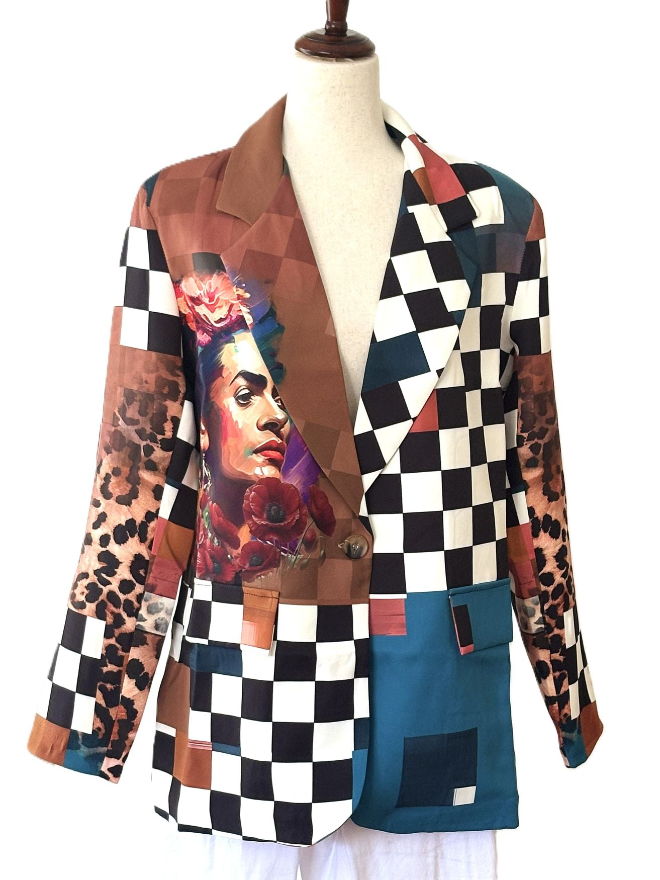 Contemporary Italian Blazer-One Size Art "Frida" Print Blazer (Checkered).