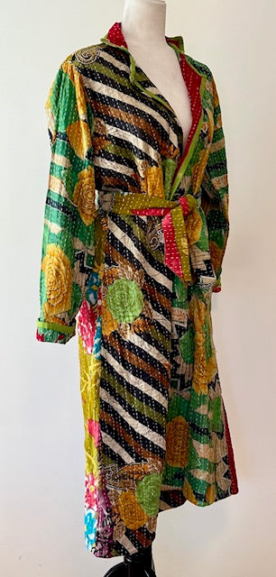 New Vintage Kantha Quilted Reversible Jacket, Green Multi