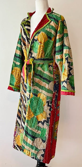 New Vintage Kantha Quilted Reversible Jacket, Green Multi