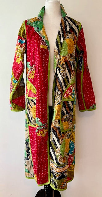 New Vintage Kantha Quilted Reversible Jacket, Green Multi