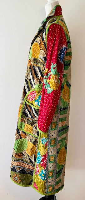 New Vintage Kantha Quilted Reversible Jacket, Green Multi