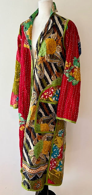 New Vintage Kantha Quilted Reversible Jacket, Green Multi